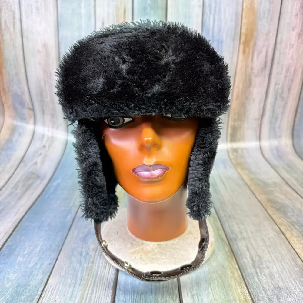 Black Leather Vintage Trooper Hat Made in Korea Cousin Eddie Ear Flap Aviator